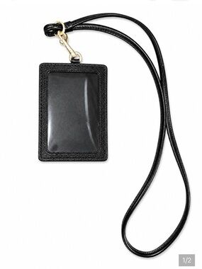 Coach Black Leather Lanyard ID Card Holder with Gold Hardware